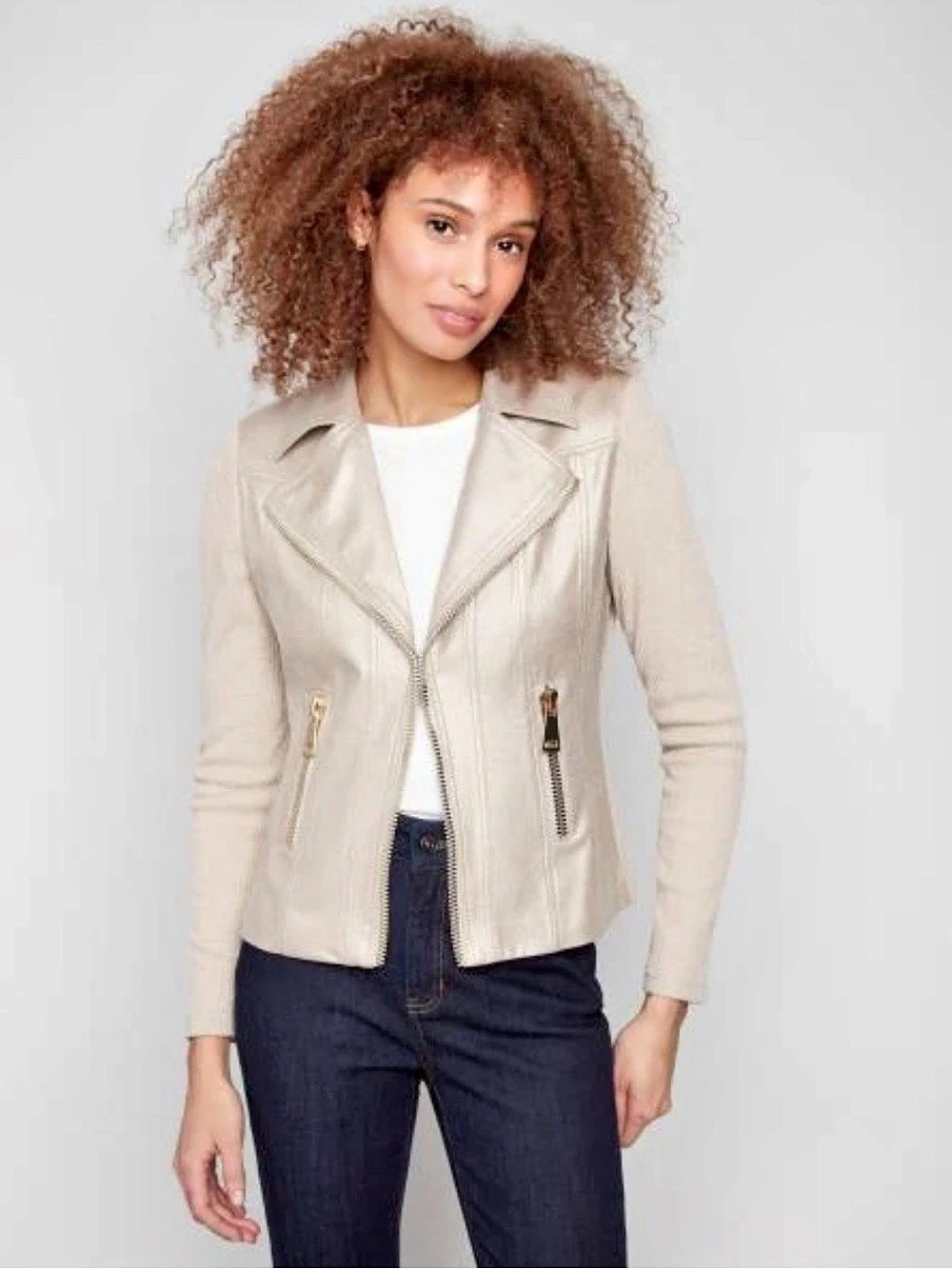 Frank Lyman Women's Brass Foil Leather & Rib Knit Jacket Leather & Rib Knit